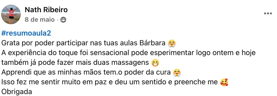Mensagem de Nath Ribeiro: a experiência do toque foi sensacional, pude experimentar logo ontem